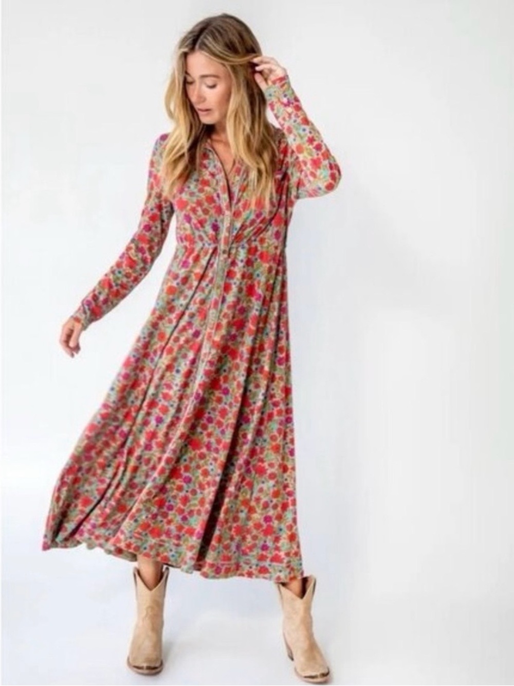 Natural Life Christa Maxi Dress  Boho Floral Hidden Drawstring Waist 
Small NWT